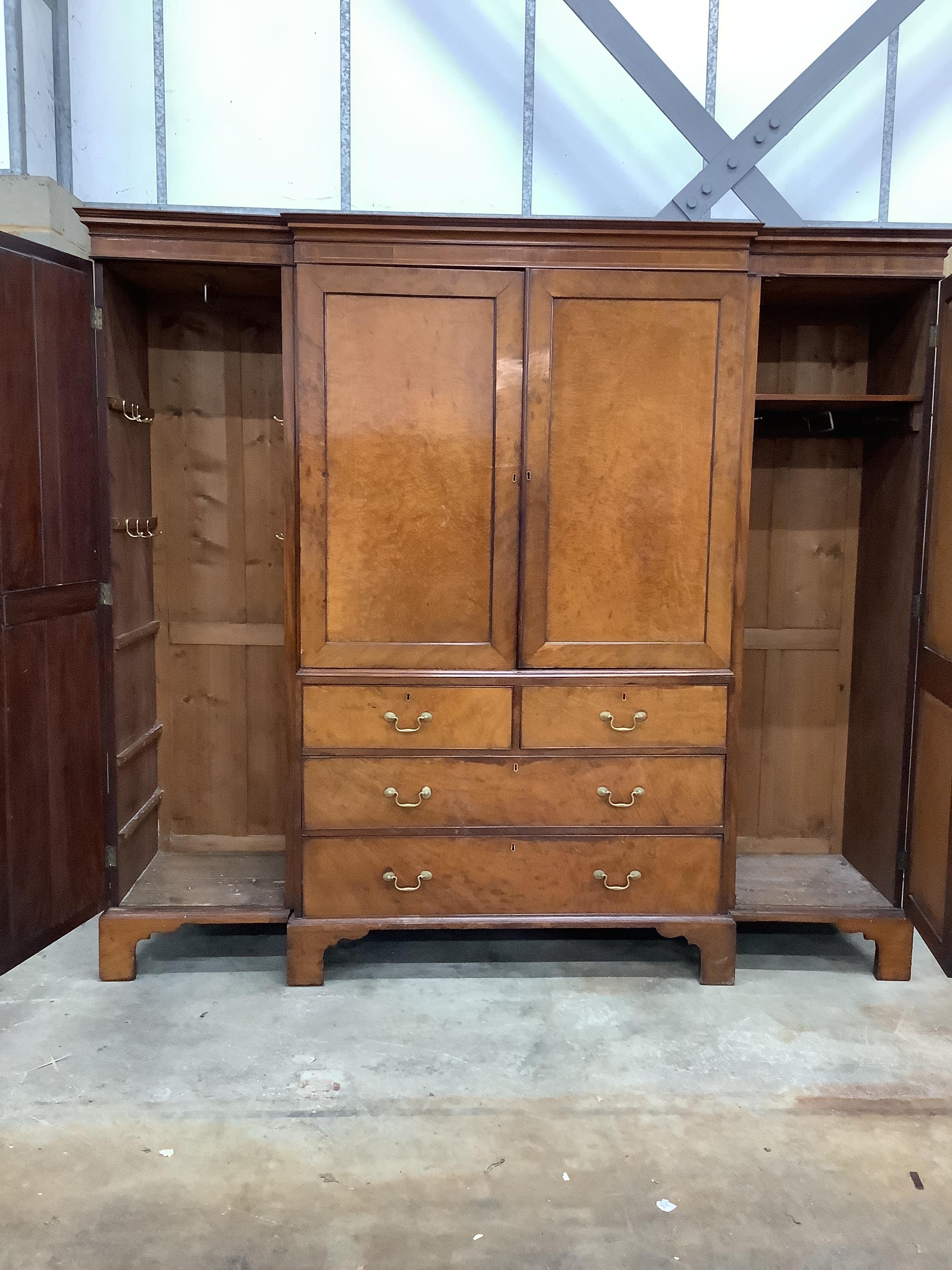 A 19th century and later mahogany breakfront wardrobe with linen press centre section, width 224cm, depth 60cm, height 207cm